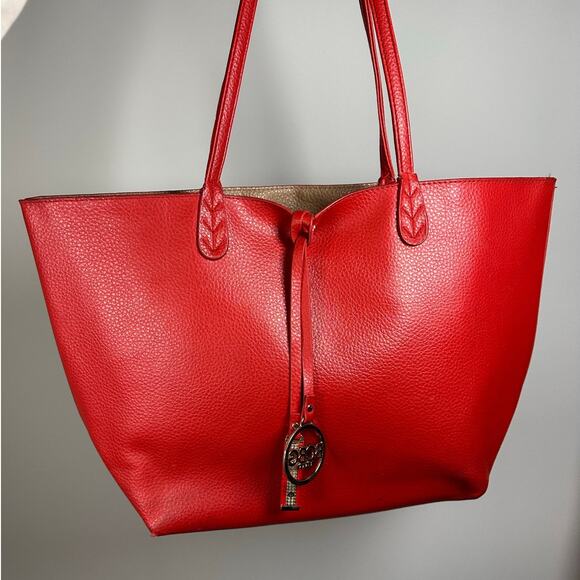 BCBG Reversible Faux Leather Red / Tan Logo Tote Bag - Picture 4 of 12